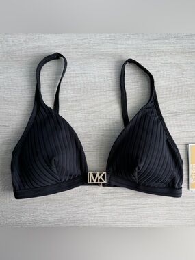 Michael Kors Women's Black Ribbed Hardware V-Neck Bikini Top Size Small